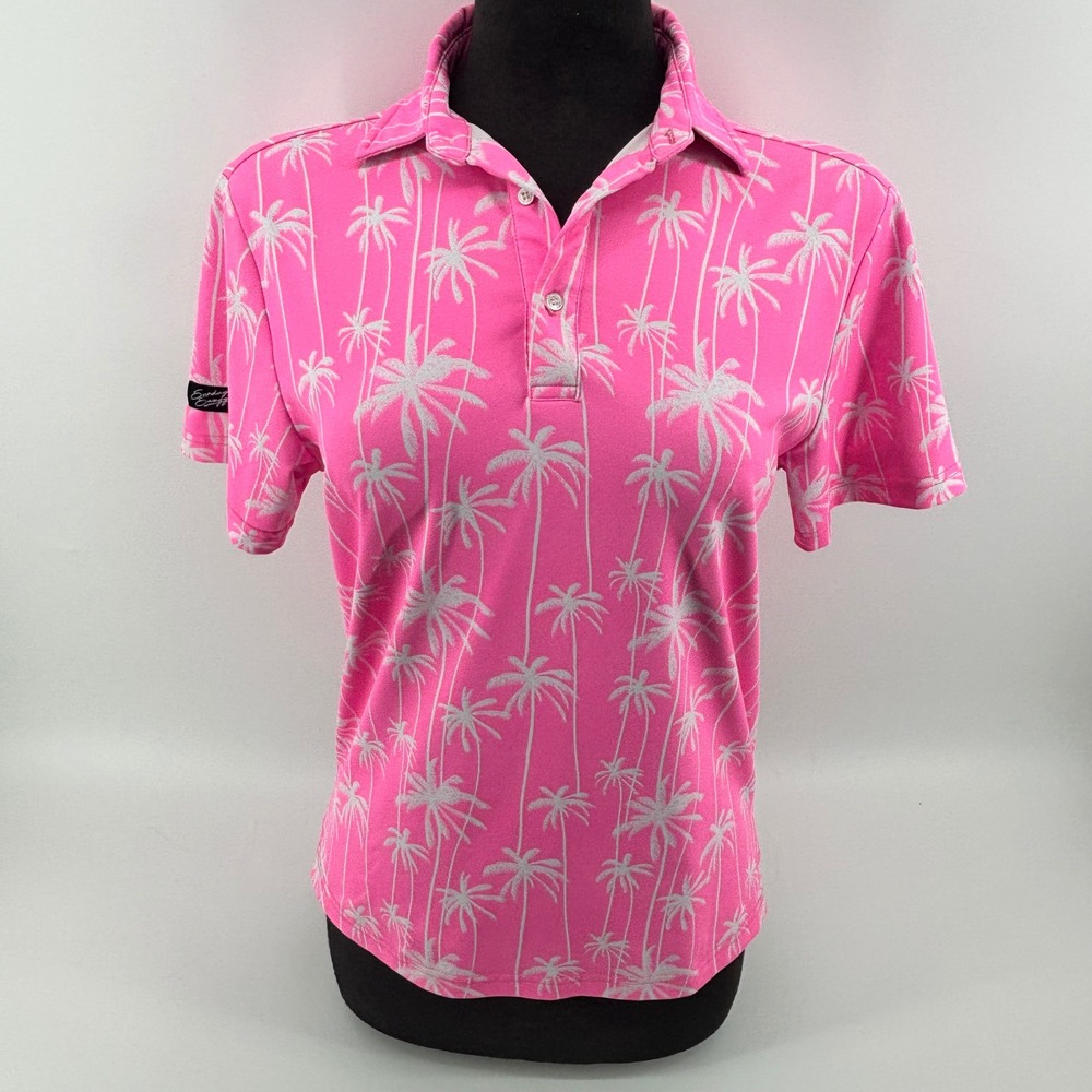 Sunday Swagger Pink Palm Tree Polo Shirt Women Medium Short Sleeve Golf Top